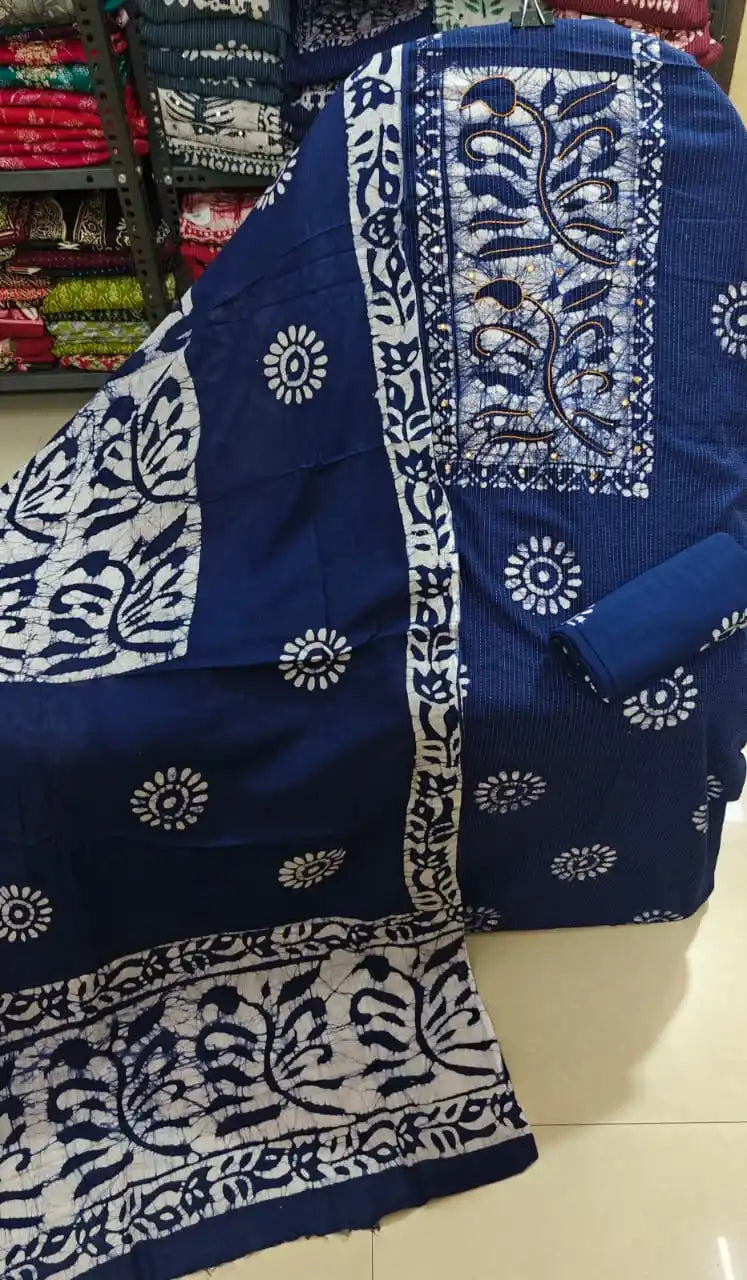 Deep navy blue unstitched cotton batik outfit material with detailed white vine motifs and a crafted embroidered neck patch by ASC Fashion Store.