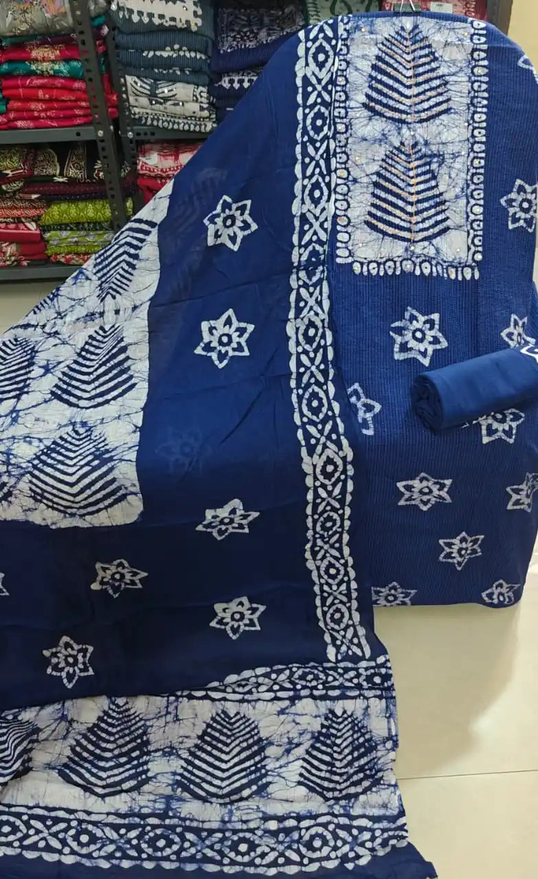 Vibrant royal blue unstitched cotton batik fabric for ladies suit with traditional handcrafted white prints from ASC Fashion Store