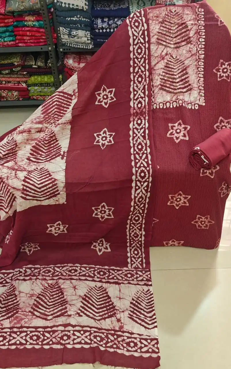 Rich wine color unstitched cotton batik suit with elegant border design and printed dupatta by ASC Fashion Store.