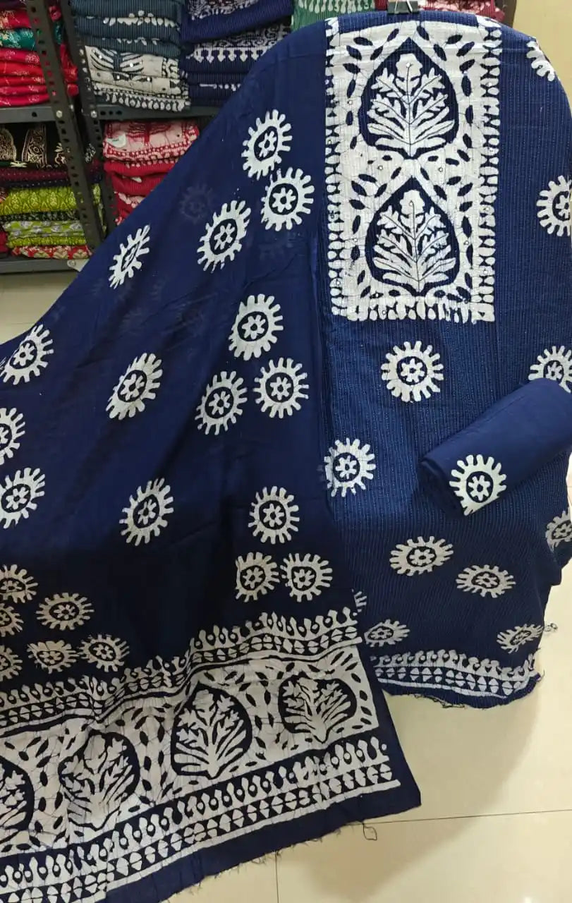 Classic navy blue unstitched cotton fabric with detailed white sun wheel batik impressions from ASC Fashion Store.
