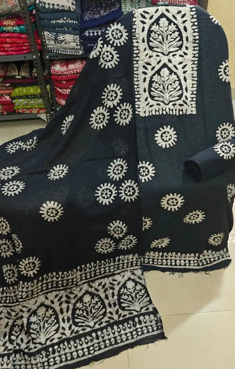 Deep charcoal grey or dark grey unstitched batik cotton suit material with elegant white print layout by ASC Fashion Store.