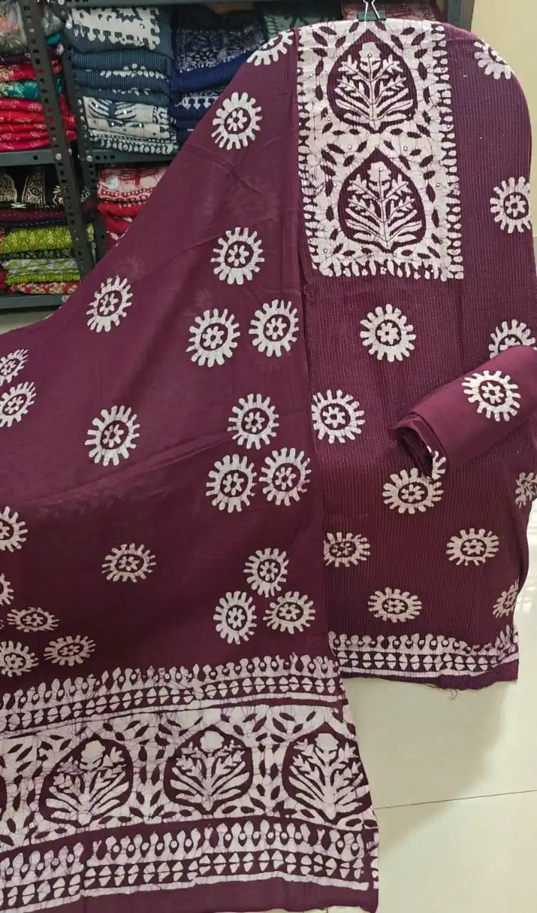Deep violet purple unstitched ladies cotton batik suit material set with white block print patterns by ASC Fashion Store.
