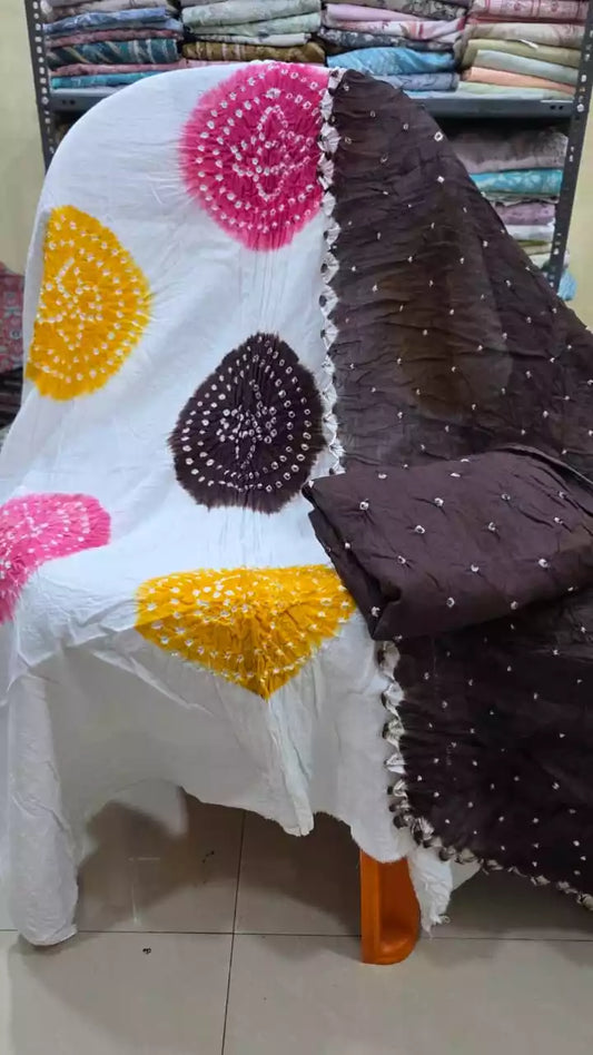 PREMIUM QUALITY UNSTITCHED SARTIN COTTON BANDHEJ SUIT WITH COTTON UNSTITCHED BOTTOM BANDHEJ AND COTTON BANDHEJ DUPATTA