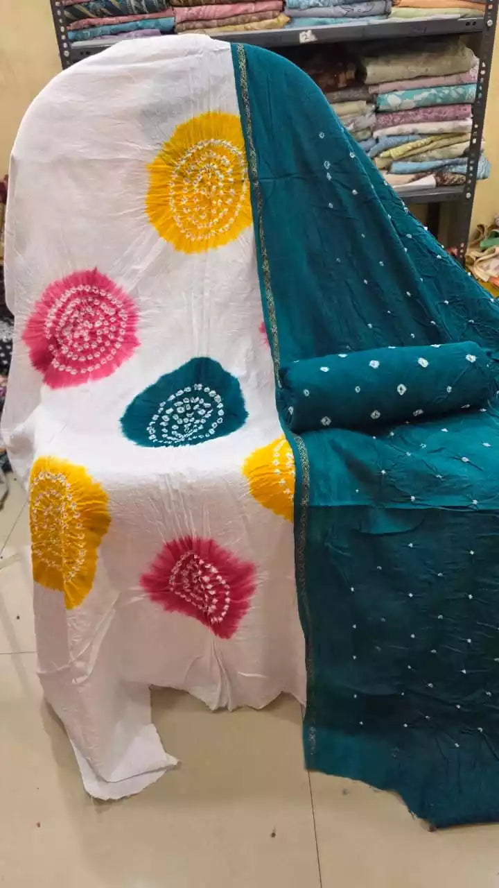 Festive White Traditional Multi-Color Bandhani Dress Material with Plain Teal Dupatta