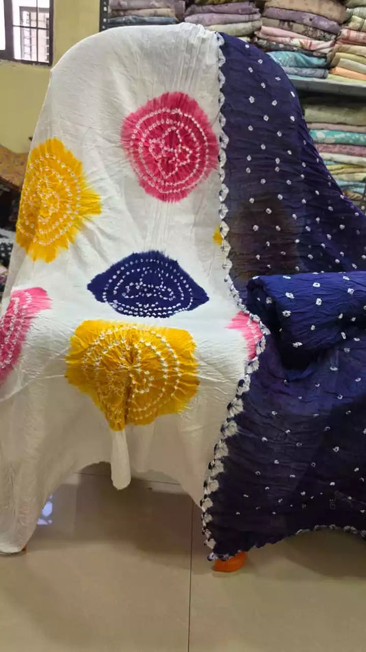 PREMIUM QUALITY UNSTITCHED SARTIN COTTON BANDHEJ SUIT WITH COTTON UNSTITCHED BOTTOM BANDHEJ AND COTTON BANDHEJ DUPATTA