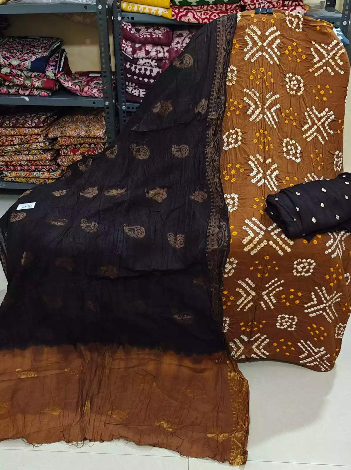 Premium Soft Satin Cotton Bandhej Shibori Tie & Dye Suit with Cotton Bandhej Bottom, Soft Cotton Bandhej Dupatta & Brocade Buta Work