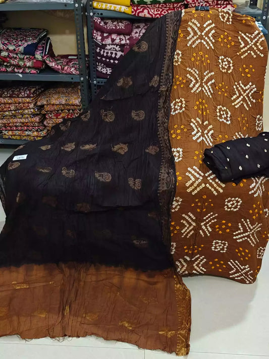 Premium Soft Satin Cotton Bandhej Shibori Tie & Dye Suit with Cotton Bandhej Bottom, Soft Cotton Bandhej Dupatta & Brocade Buta Work