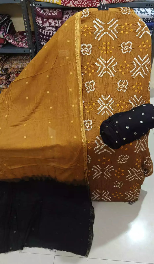 Premium Soft Satin Cotton Bandhej Shibori Tie & Dye Suit with Cotton Bandhej Bottom, Soft Cotton Bandhej Dupatta & Brocade Buta Work