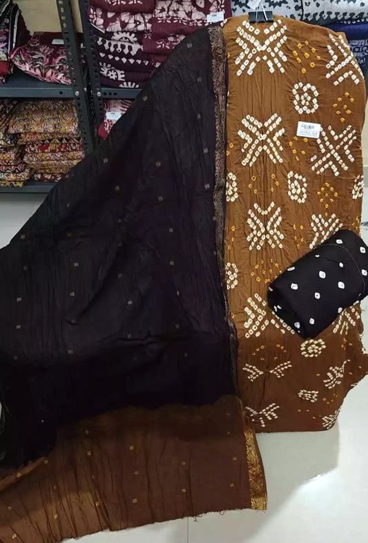 Premium Soft Satin Cotton Bandhej Shibori Tie & Dye Suit with Cotton Bandhej Bottom, Soft Cotton Bandhej Dupatta & Brocade Buta Work