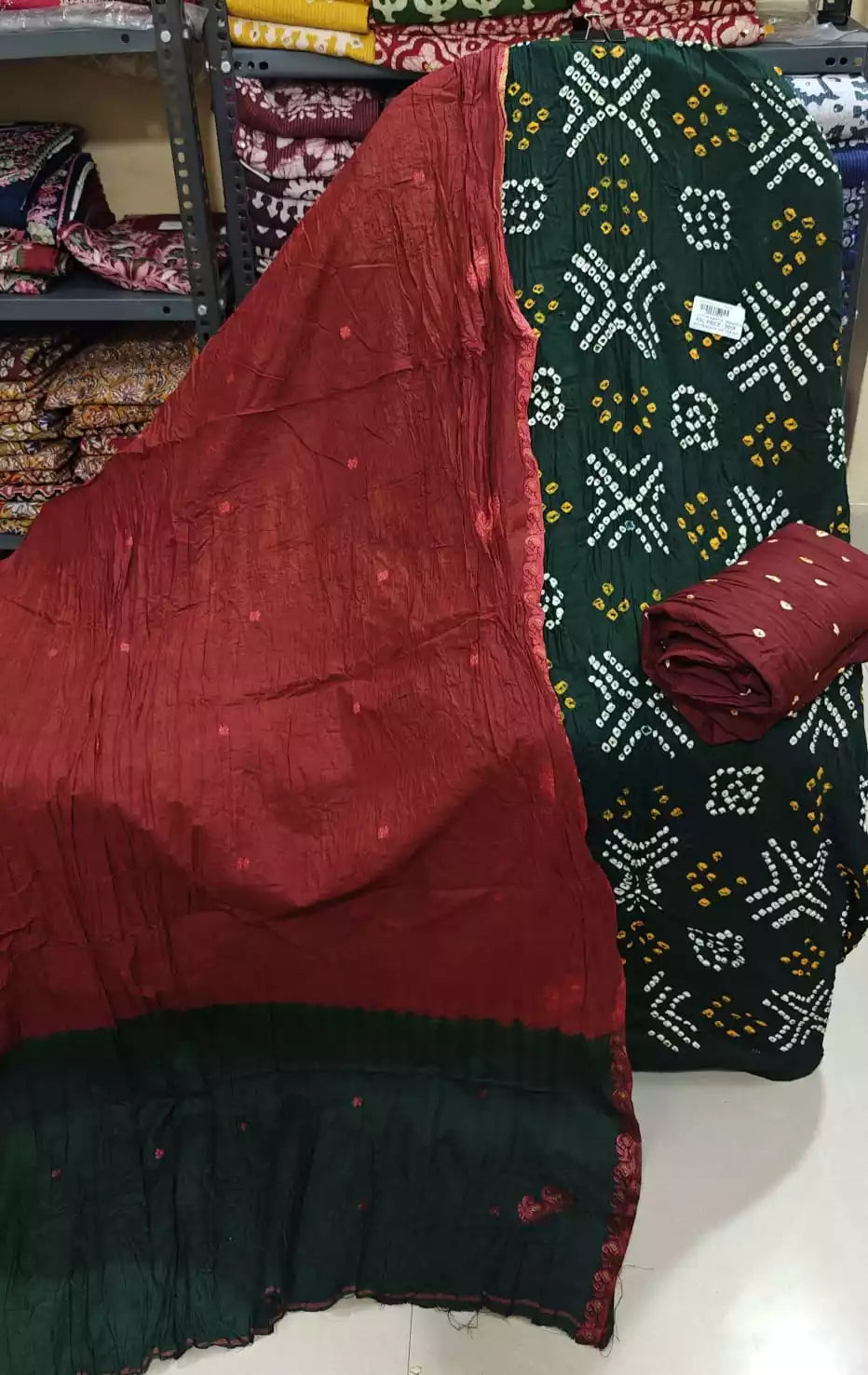 Premium Soft Satin Cotton Bandhej Shibori Tie & Dye Suit with Cotton Bandhej Bottom, Soft Cotton Bandhej Dupatta & Brocade Buta Work