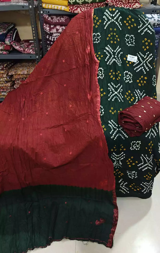 Premium Soft Satin Cotton Bandhej Shibori Tie & Dye Suit with Cotton Bandhej Bottom, Soft Cotton Bandhej Dupatta & Brocade Buta Work