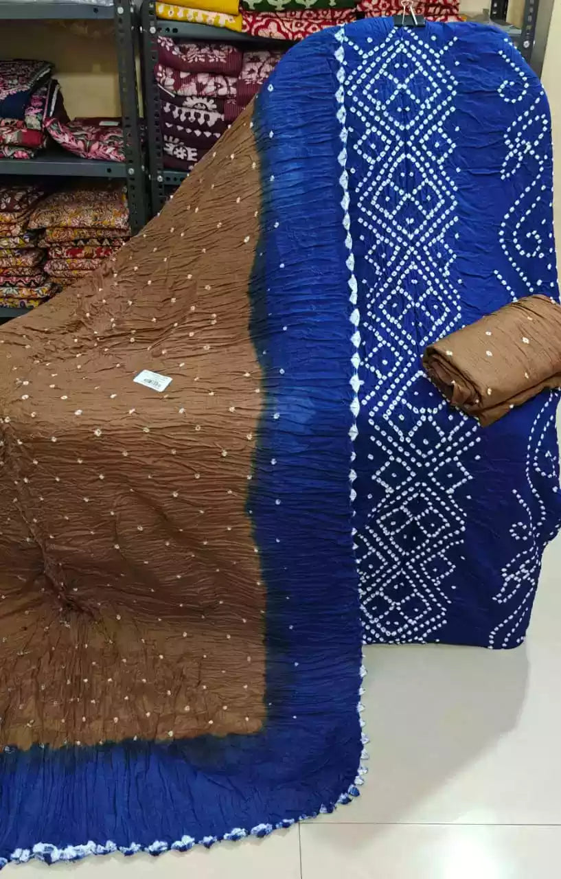 PREMIUM QUALITY UNSTITCHED SARTIN COTTON BANDHEJ SUIT WITH COTTON UNSTITCHED BOTTOM BANDHEJ AND COTTON BANDHEJ DUPATTA