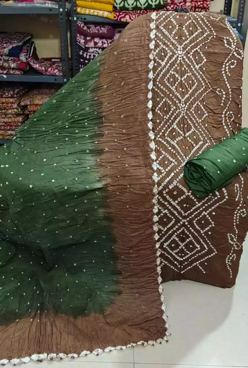 PREMIUM QUALITY UNSTITCHED SARTIN COTTON BANDHEJ SUIT WITH COTTON UNSTITCHED BOTTOM BANDHEJ AND COTTON BANDHEJ DUPATTA