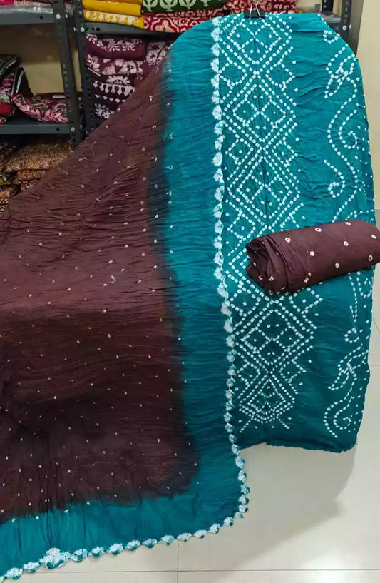 PREMIUM QUALITY UNSTITCHED SARTIN COTTON BANDHEJ SUIT WITH COTTON UNSTITCHED BOTTOM BANDHEJ AND COTTON BANDHEJ DUPATTA