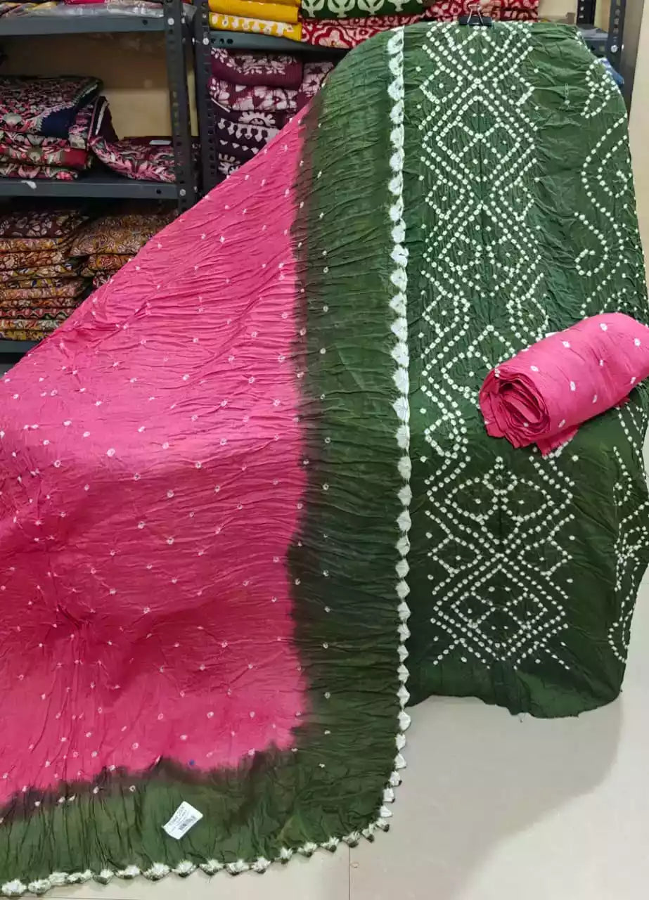 PREMIUM QUALITY UNSTITCHED SARTIN COTTON BANDHEJ SUIT WITH COTTON UNSTITCHED BOTTOM BANDHEJ AND COTTON BANDHEJ DUPATTA