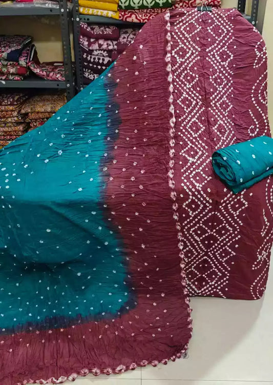 PREMIUM QUALITY UNSTITCHED SARTIN COTTON BANDHEJ SUIT WITH COTTON UNSTITCHED BOTTOM BANDHEJ AND COTTON BANDHEJ DUPATTA