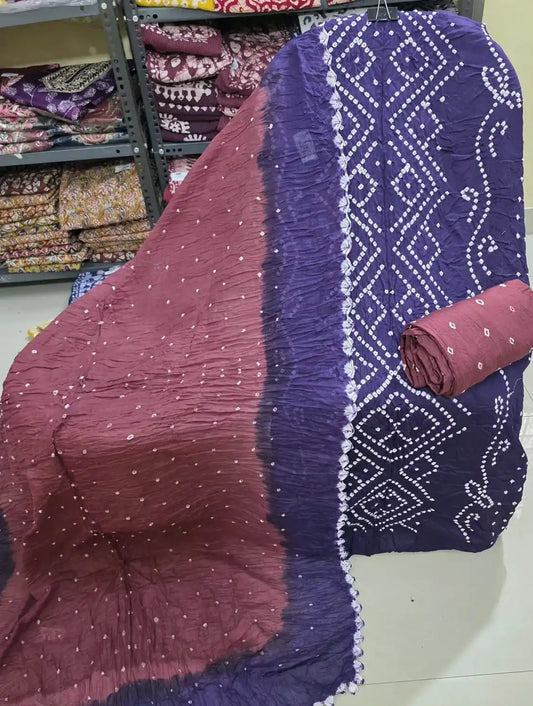 PREMIUM QUALITY UNSTITCHED SARTIN COTTON BANDHEJ SUIT WITH COTTON UNSTITCHED BOTTOM BANDHEJ AND COTTON BANDHEJ DUPATTA