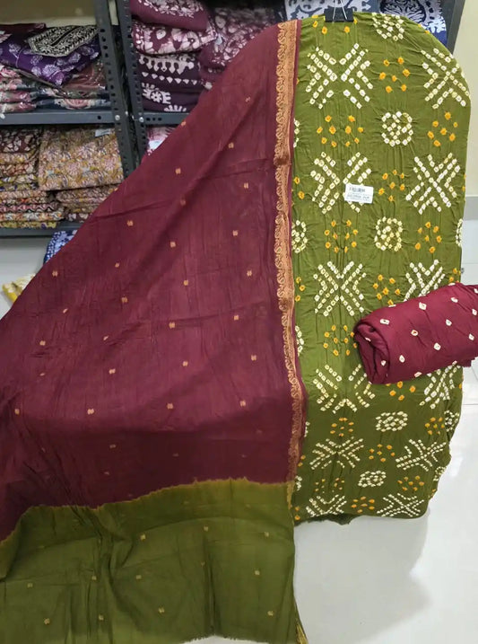 Premium Soft Satin Cotton Bandhej Shibori Tie & Dye Suit with Cotton Bandhej Bottom, Soft Cotton Bandhej Dupatta & Brocade Buta Work