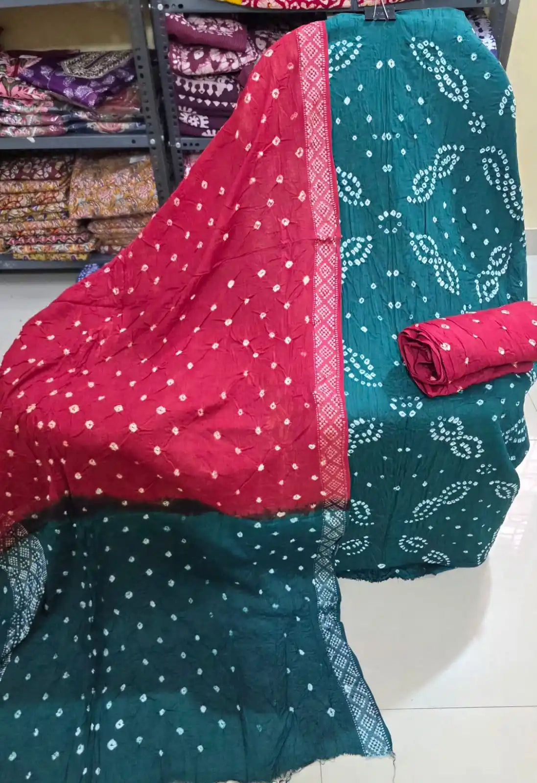 PREMIUM QUALITY UNSTITCHED SARTIN COTTON BANDHEJ SUIT WITH COTTON UNSTITCHED BOTTOM BANDHEJ AND COTTON BANDHEJ DUPATTA