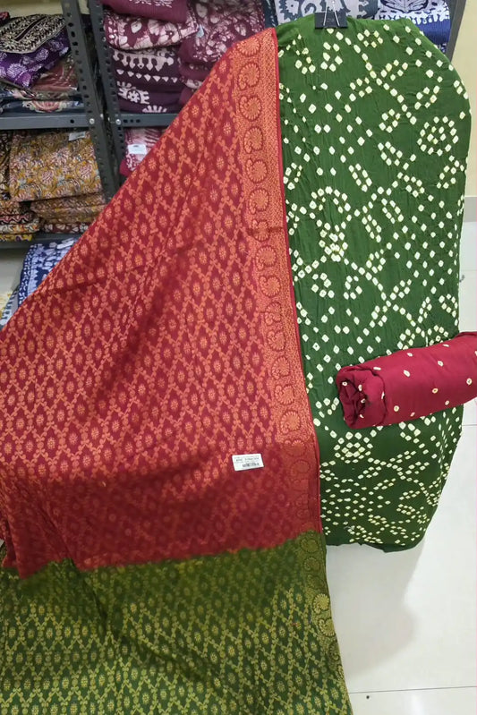 PREMIUM QUALITY UNSTITCHED SARTIN COTTON BANDHEJ SUIT WITH COTTON UNSTITCHED BOTTOM BANDHEJ AND COTTON BANDHEJ DUPATTA