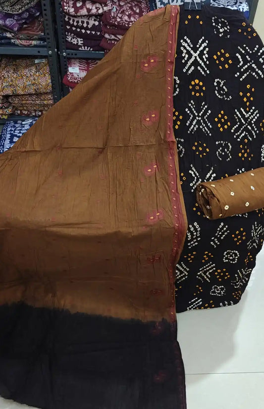 Premium Soft Satin Cotton Bandhej Shibori Tie & Dye Suit with Cotton Bandhej Bottom, Soft Cotton Bandhej Dupatta & Brocade Buta Work