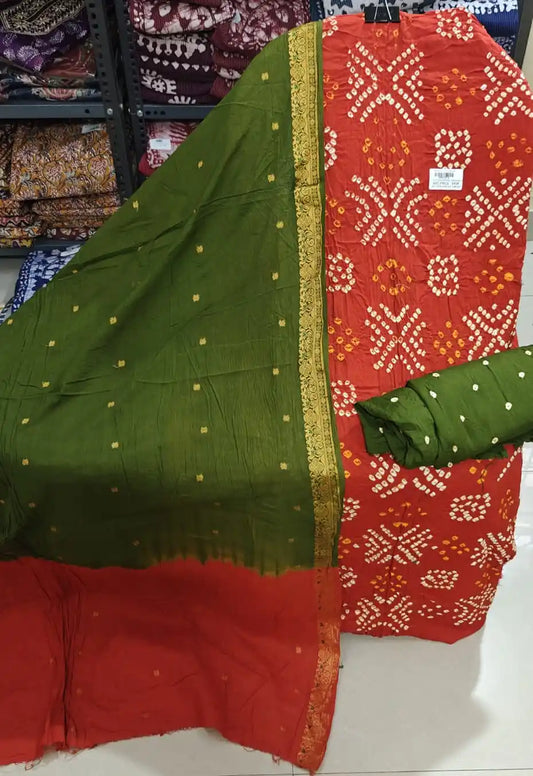 Premium Soft Satin Cotton Bandhej Shibori Tie & Dye Suit with Cotton Bandhej Bottom, Soft Cotton Bandhej Dupatta & Brocade Buta Work