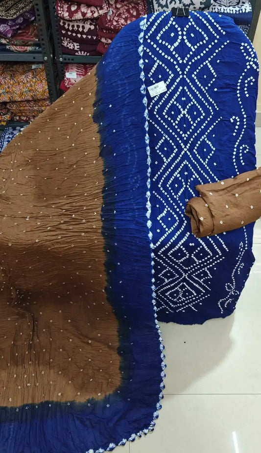 PREMIUM QUALITY UNSTITCHED SARTIN COTTON BANDHEJ SUIT WITH COTTON UNSTITCHED BOTTOM BANDHEJ AND COTTON BANDHEJ DUPATTA