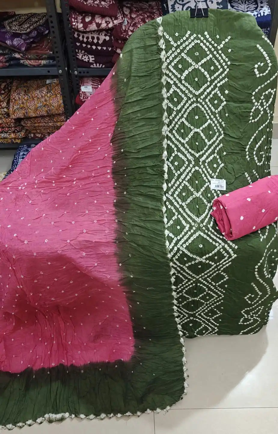 PREMIUM QUALITY UNSTITCHED SARTIN COTTON BANDHEJ SUIT WITH COTTON UNSTITCHED BOTTOM BANDHEJ AND COTTON BANDHEJ DUPATTA