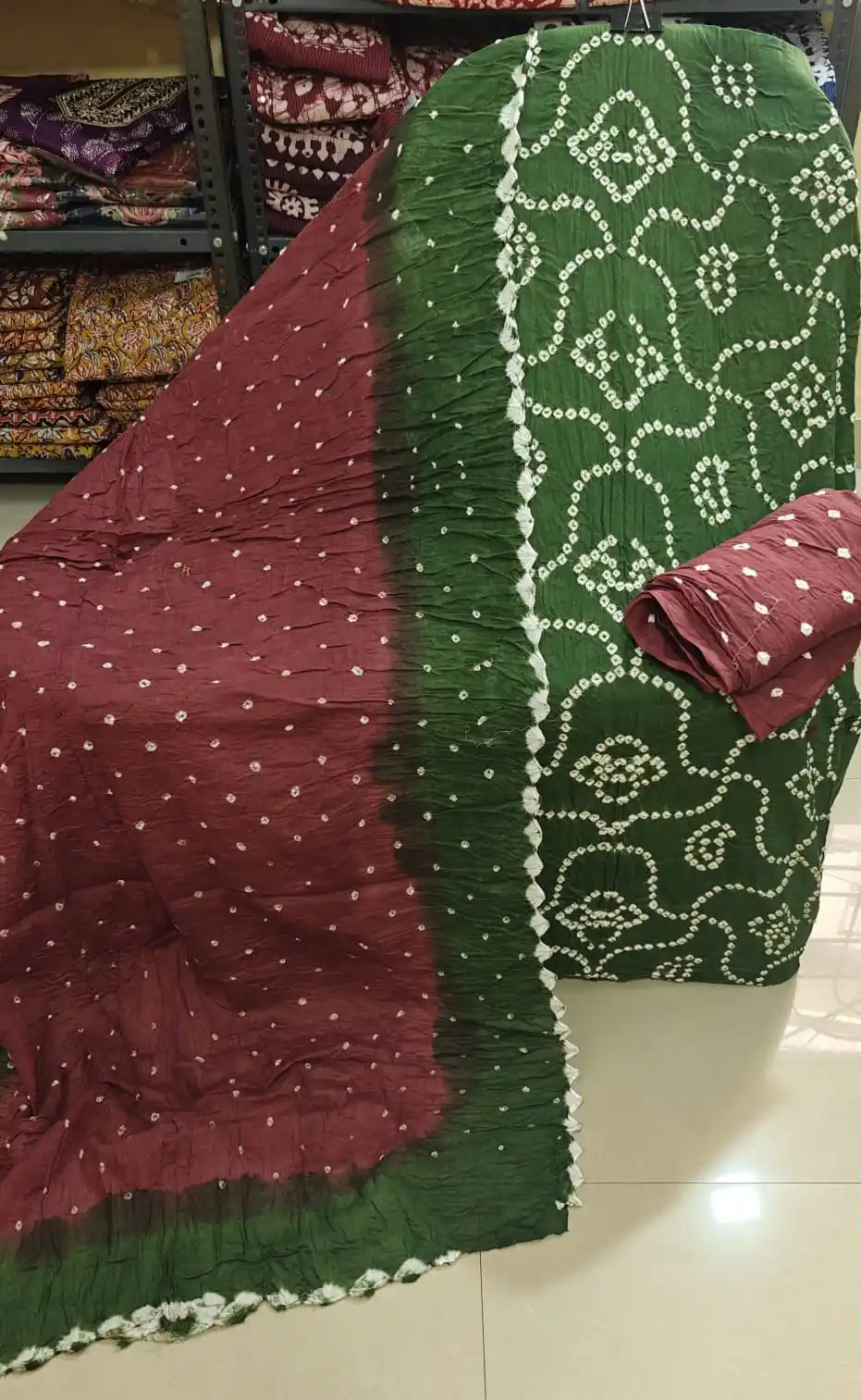 PREMIUM QUALITY UNSTITCHED SARTIN COTTON BANDHEJ SUIT WITH COTTON UNSTITCHED BOTTOM BANDHEJ AND COTTON BANDHEJ DUPATTA