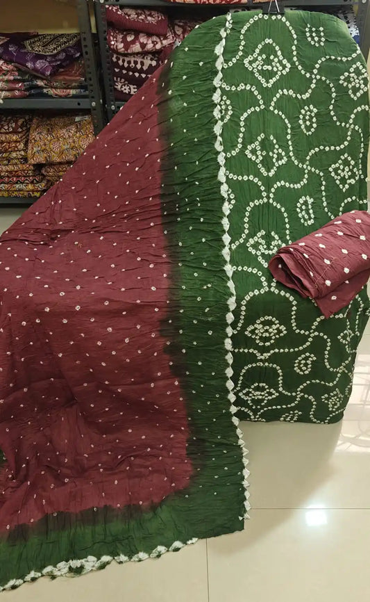 PREMIUM QUALITY UNSTITCHED SARTIN COTTON BANDHEJ SUIT WITH COTTON UNSTITCHED BOTTOM BANDHEJ AND COTTON BANDHEJ DUPATTA
