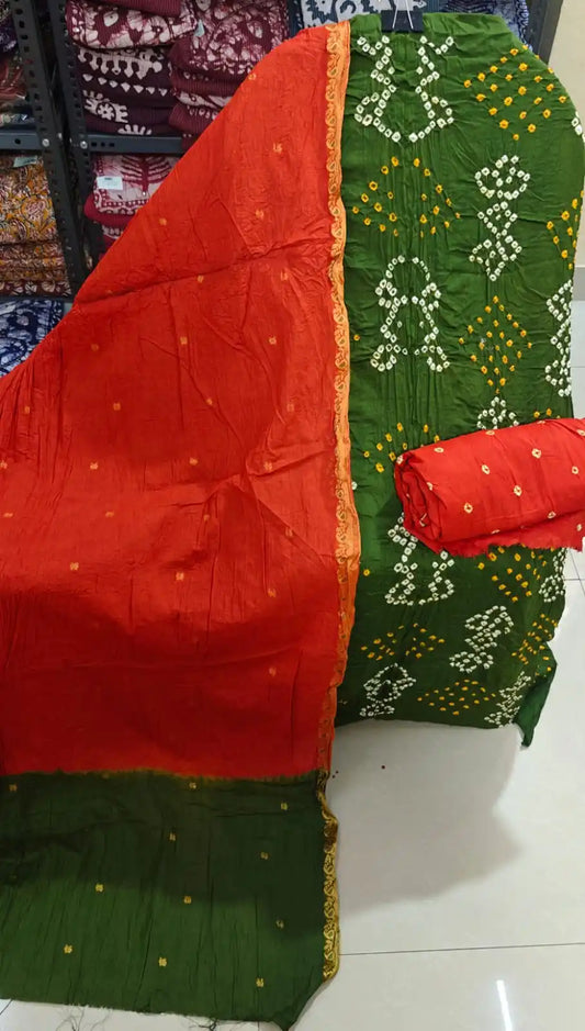Premium Soft Satin Cotton Bandhej Shibori Tie & Dye Suit with Cotton Bandhej Bottom, Soft Cotton Bandhej Dupatta & Brocade Buta Work