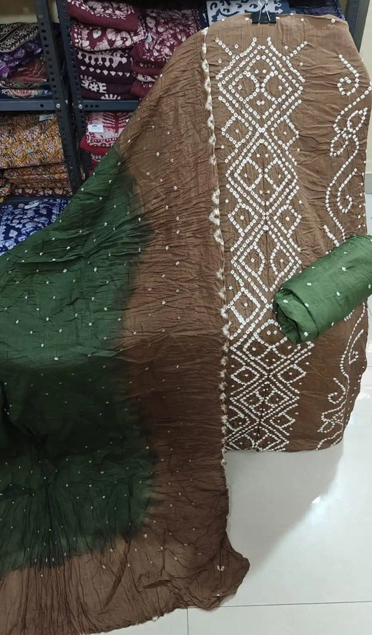 PREMIUM QUALITY UNSTITCHED SARTIN COTTON BANDHEJ SUIT WITH COTTON UNSTITCHED BOTTOM BANDHEJ AND COTTON BANDHEJ DUPATTA