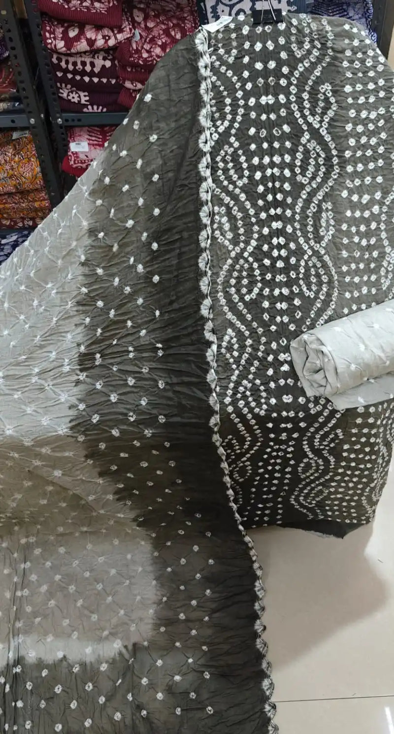 PREMIUM QUALITY UNSTITCHED SARTIN COTTON BANDHEJ SUIT WITH COTTON UNSTITCHED BOTTOM BANDHEJ AND COTTON BANDHEJ DUPATTA