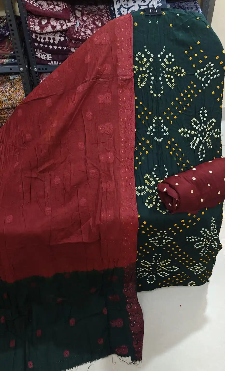 Premium Soft Satin Cotton Bandhej Shibori Tie & Dye Suit with Cotton Bandhej Bottom, Soft Cotton Bandhej Dupatta & Brocade Buta Work