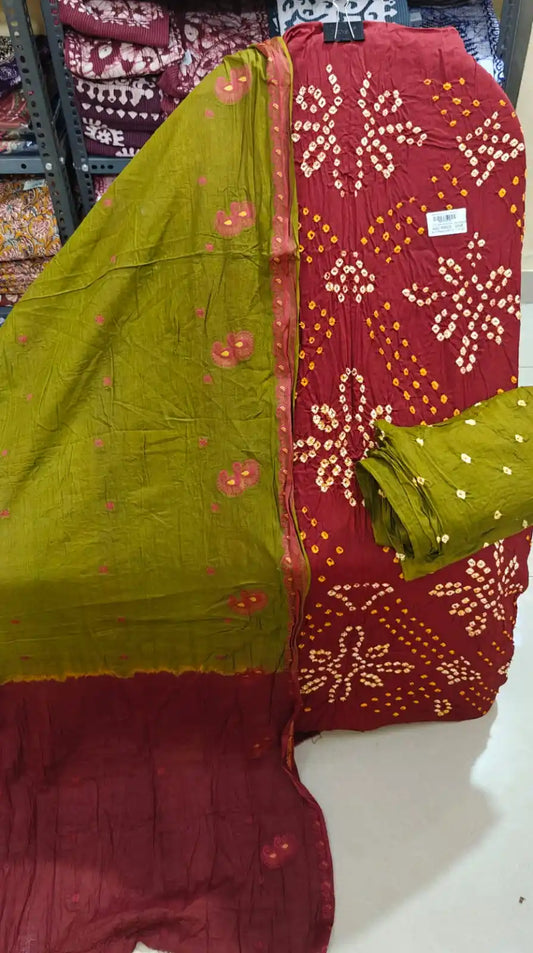 Premium Soft Satin Cotton Bandhej Shibori Tie & Dye Suit with Cotton Bandhej Bottom, Soft Cotton Bandhej Dupatta & Brocade Buta Work