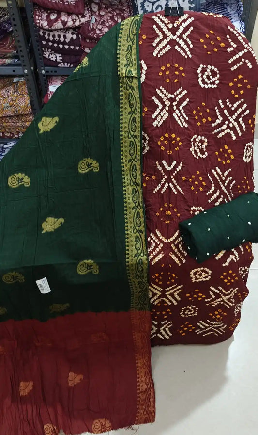 Premium Soft Satin Cotton Bandhej Shibori Tie & Dye Suit with Cotton Bandhej Bottom, Soft Cotton Bandhej Dupatta & Brocade Buta Work