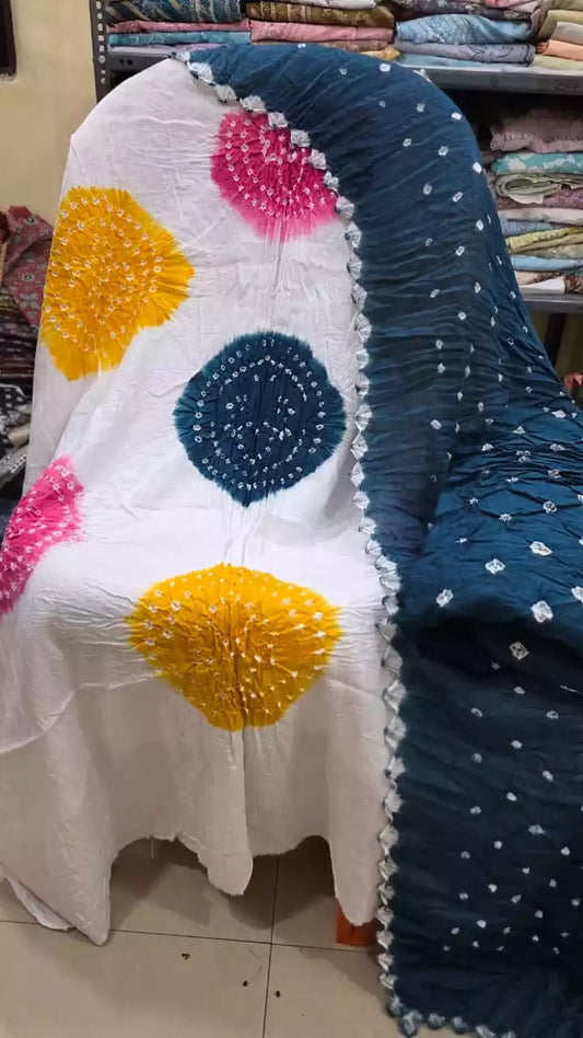 PREMIUM QUALITY UNSTITCHED SARTIN COTTON BANDHEJ SUIT WITH COTTON UNSTITCHED BOTTOM BANDHEJ AND COTTON BANDHEJ DUPATTA
