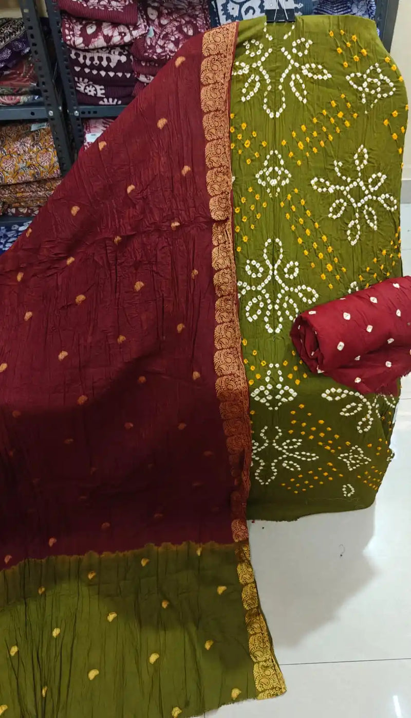 Premium Soft Satin Cotton Bandhej Shibori Tie & Dye Suit with Cotton Bandhej Bottom, Soft Cotton Bandhej Dupatta & Brocade Buta Work