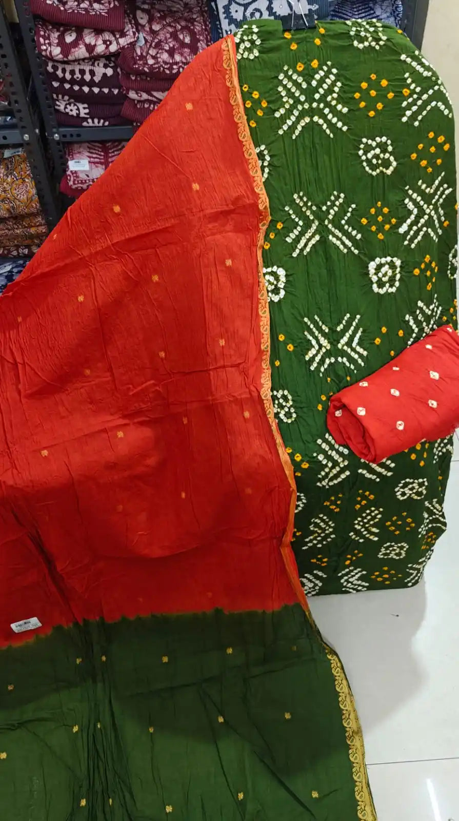Premium Soft Satin Cotton Bandhej Shibori Tie & Dye Suit with Cotton Bandhej Bottom, Soft Cotton Bandhej Dupatta & Brocade Buta Work