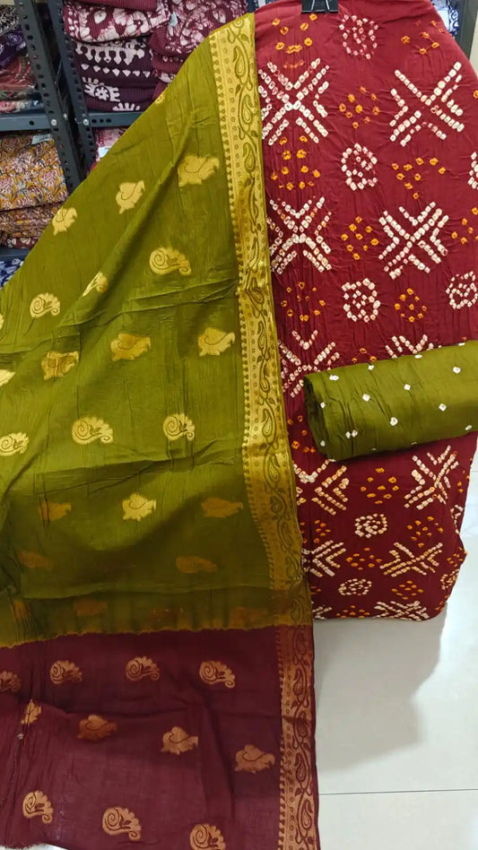 Rich Maroon Bandhni Cotton Unstitched Suit with Premium Olive Green Banarasi Zari Border Dupatta