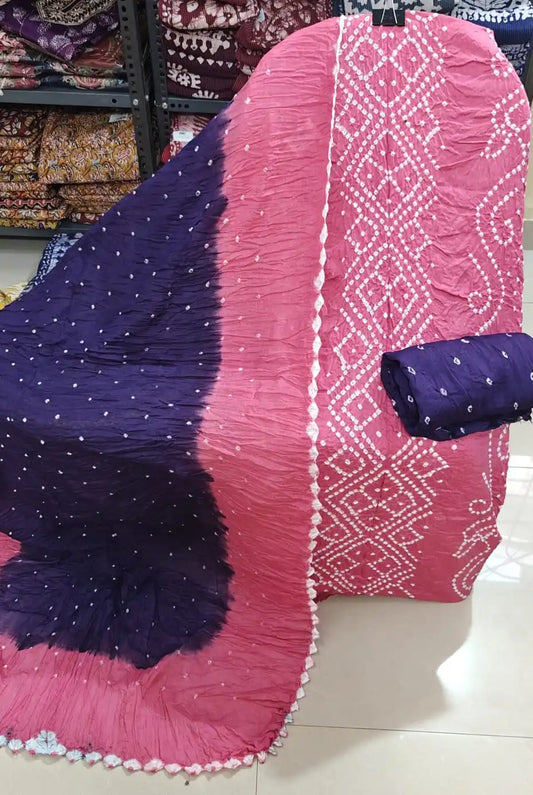 PREMIUM QUALITY UNSTITCHED SARTIN COTTON BANDHEJ SUIT WITH COTTON UNSTITCHED BOTTOM BANDHEJ AND COTTON BANDHEJ DUPATTA