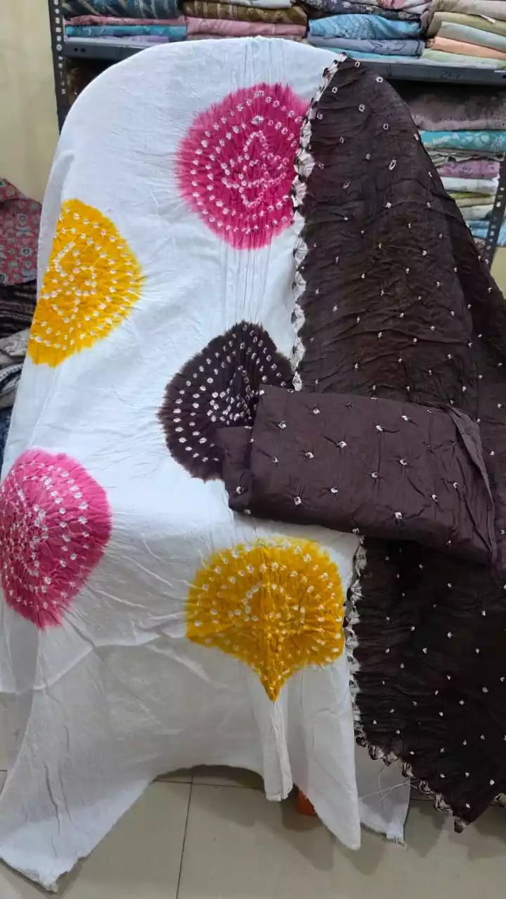 PREMIUM QUALITY UNSTITCHED SARTIN COTTON BANDHEJ SUIT WITH COTTON UNSTITCHED BOTTOM BANDHEJ AND COTTON BANDHEJ DUPATTA