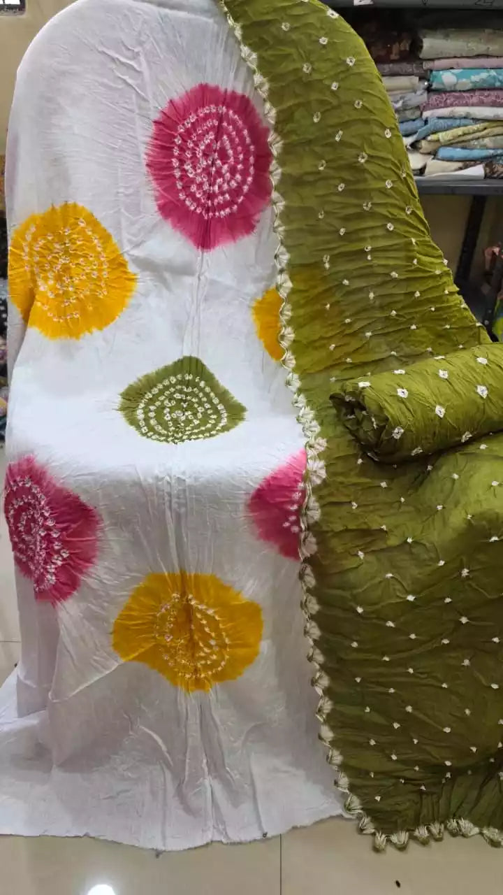 PREMIUM QUALITY UNSTITCHED SARTIN COTTON BANDHEJ SUIT WITH COTTON UNSTITCHED BOTTOM BANDHEJ AND COTTON BANDHEJ DUPATTA