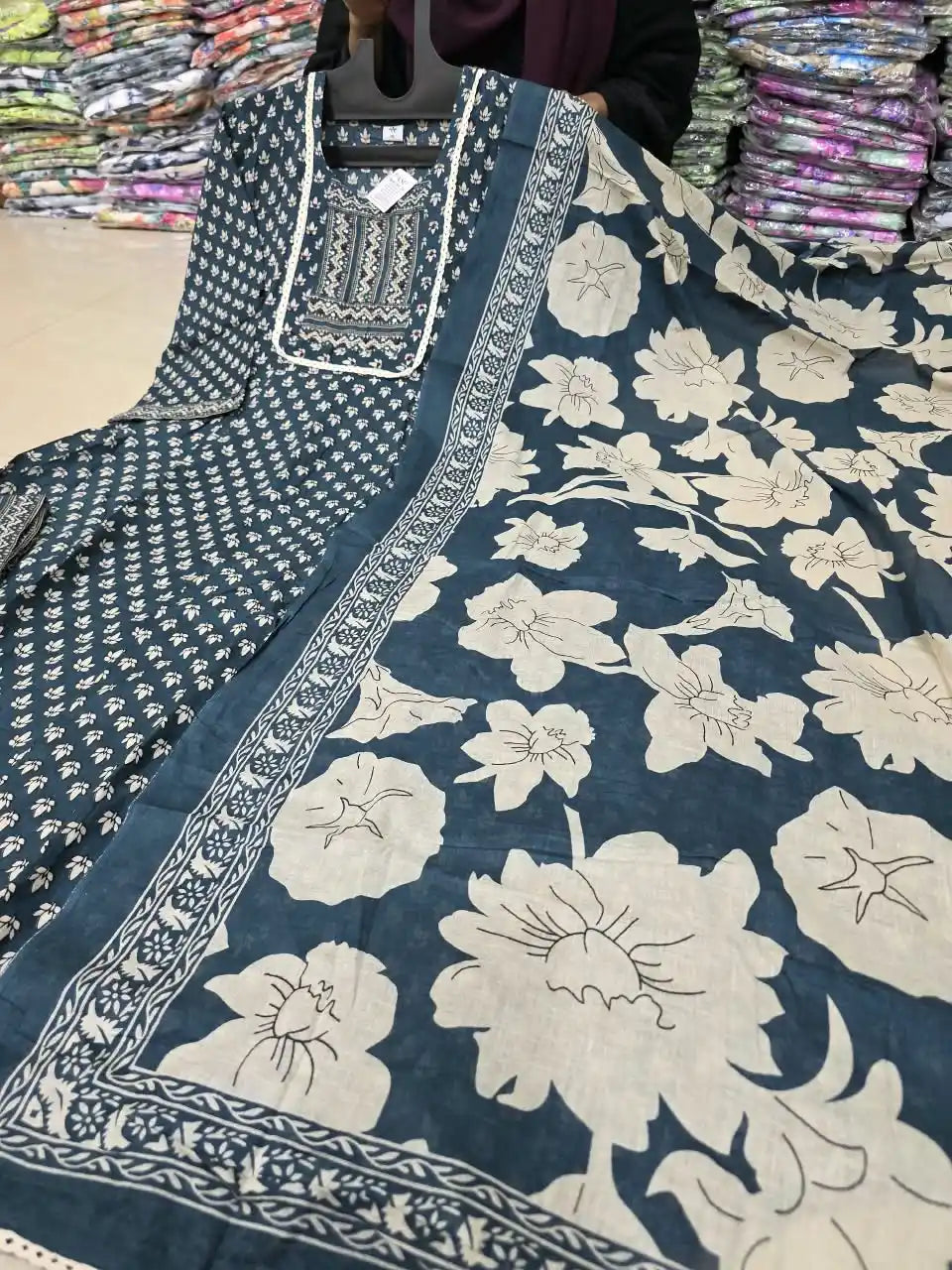 Bottle Green Anarkali Pattern With Jaipuri Kamal Buti Print & Mirror Work Yoke By ASC