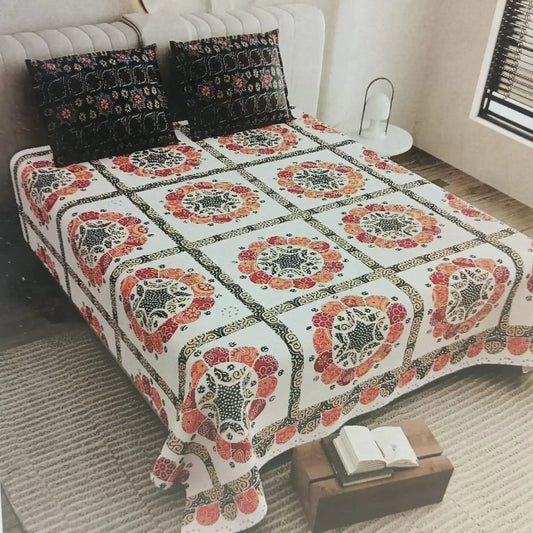 Jaipuri cotton king bedsheet 9x9ft with intricate floral design in a stylish bedroom setting.