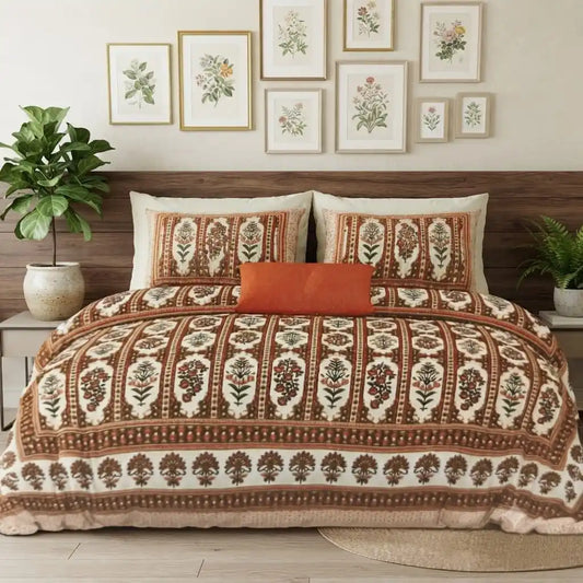 Premium Jaipuri Cotton bedsheet displayed on a bed with floral patterns and decorative pillows in a stylish bedroom setting.