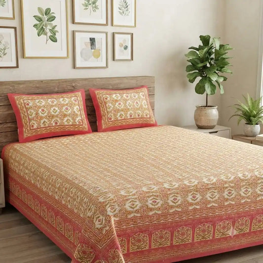 Jaipuri cotton floral super king bedsheet displayed on a bed with decorative pillows and plants in a stylish room.