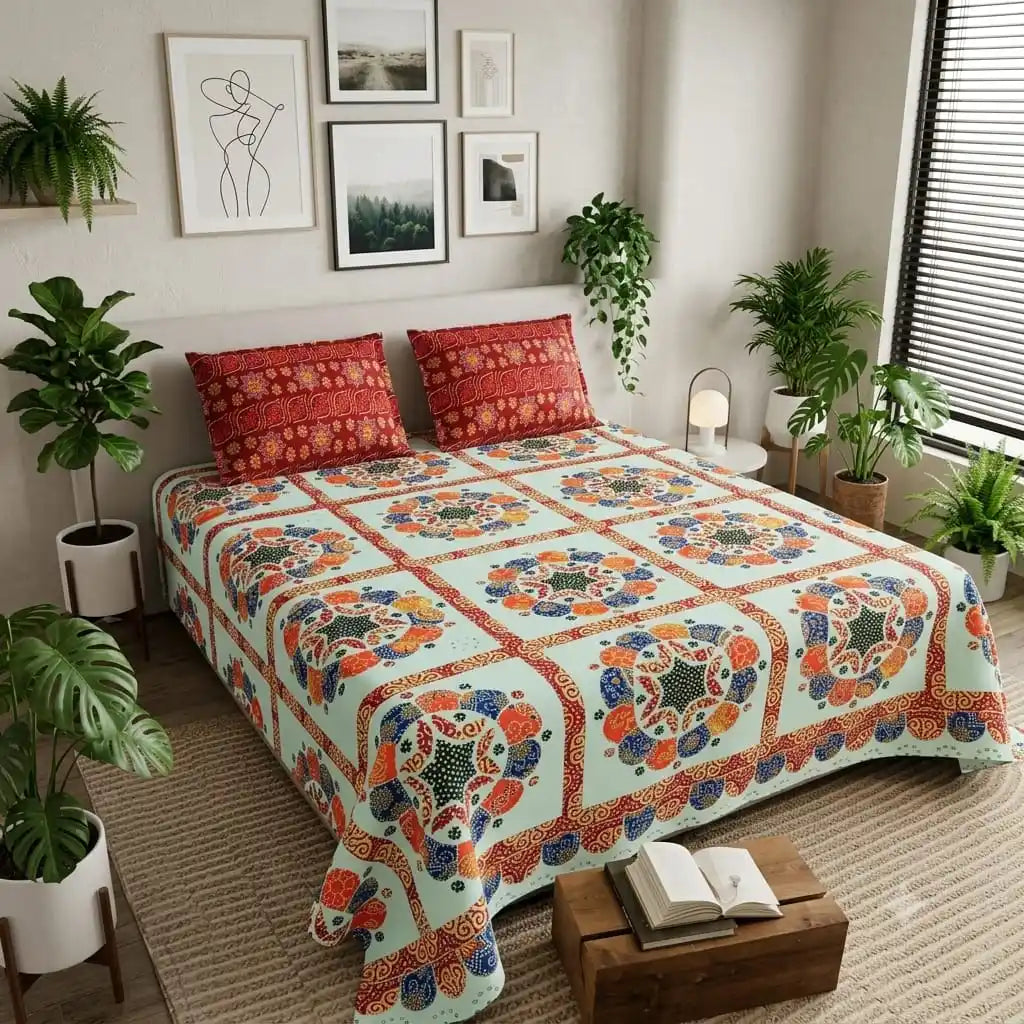 Circular flower block print super king size bedsheet by ASC Fashion Store