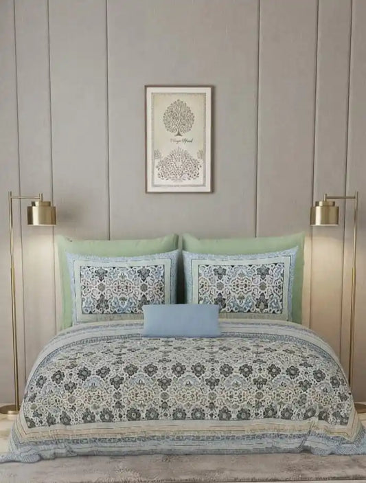 Premium Jaipuri Cotton Super King Bedsheet in elegant floral design displayed on a luxurious bed.