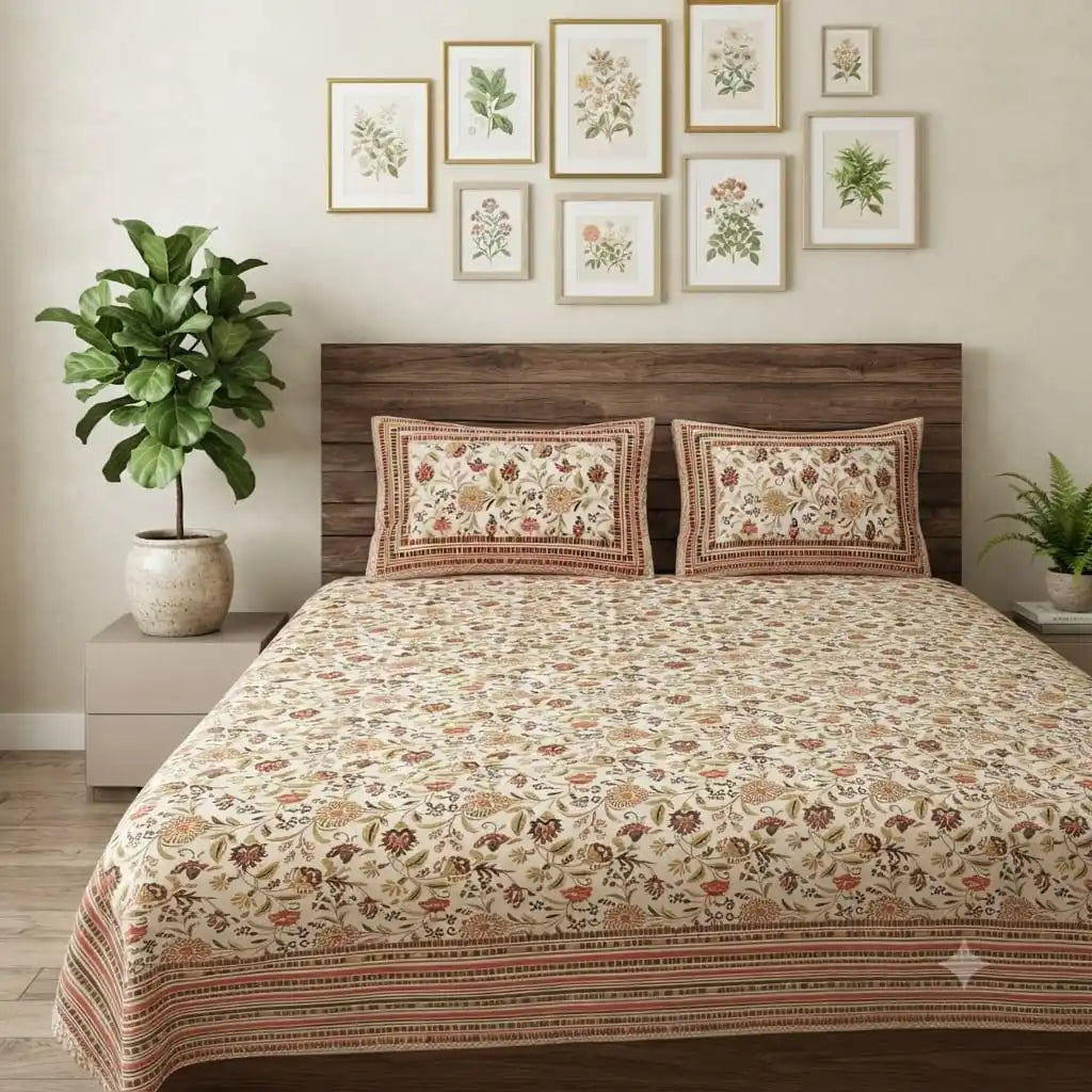 Subtle vintage flower pattern super king cotton bed sheet by ASC Fashion Store